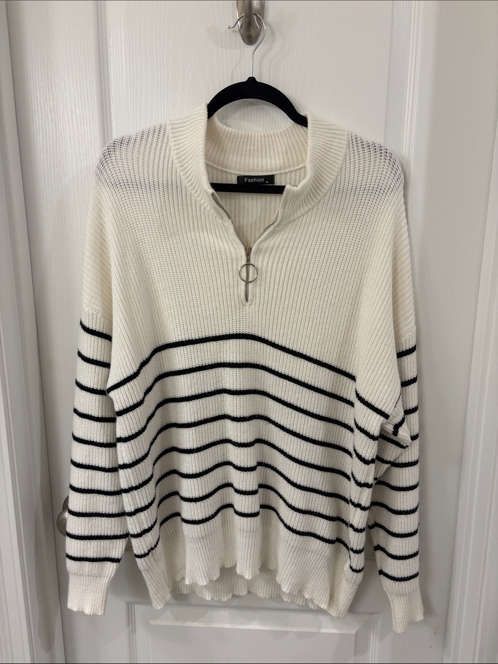Half-Zip Striped Knit Sweater - White/Black